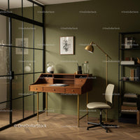 Minimalist Home Office with Wooden Desk and Green Walls