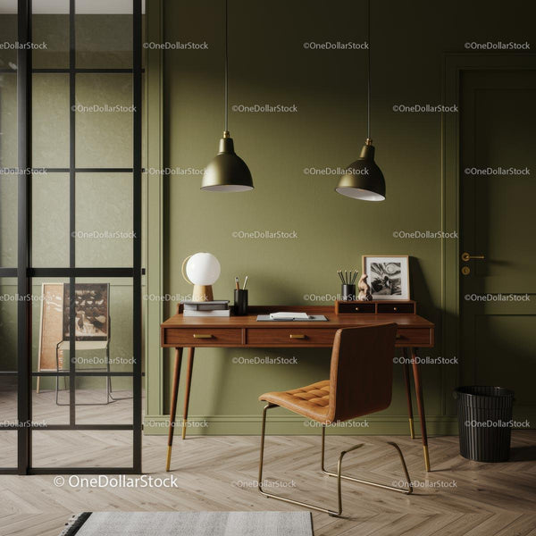 Stylish Home Office with Wooden Desk and Green Walls