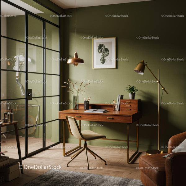 Modern Home Office with Wooden Desk and Green Walls