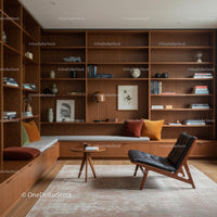 Modern Reading Room with Elegant Wooden Bookshelves