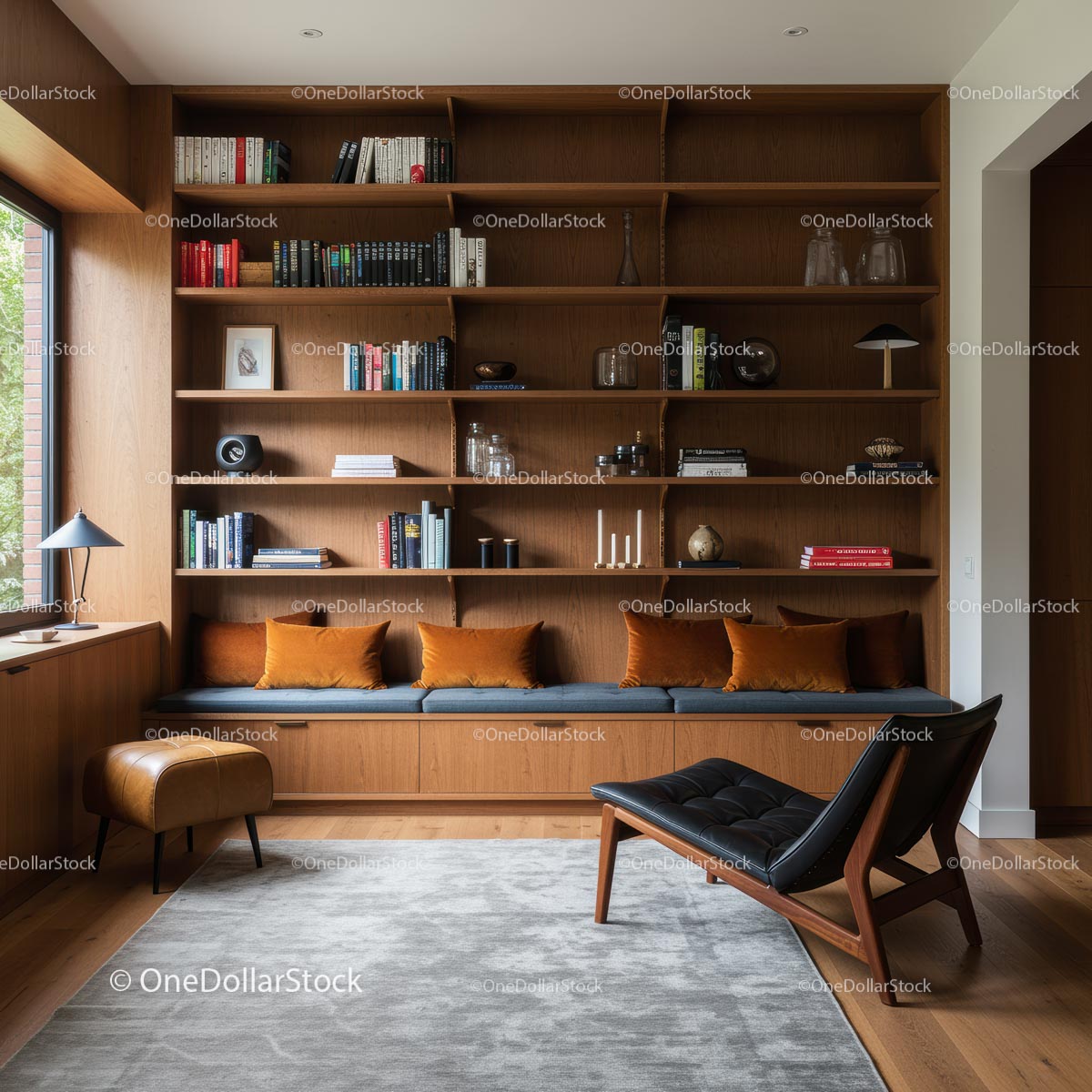 Modern Living Room with Wooden Bookshelf and Cozy Seating