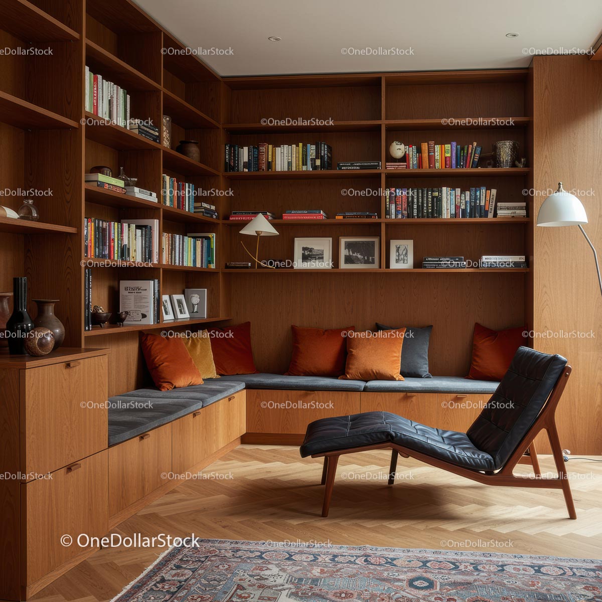 Nowoczesna, przytulna biblioteka z ciepłymi drewnianymi półkami i eleganckimi siedziskami