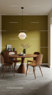 Modern Dining Room with Wooden Furniture and Olive Green Wall