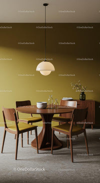Modern Dining Room with Olive Green Walls and Wood Furniture