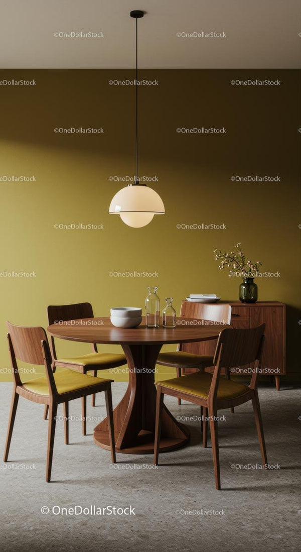 Modern Dining Room with Olive Green Walls and Wood Furniture