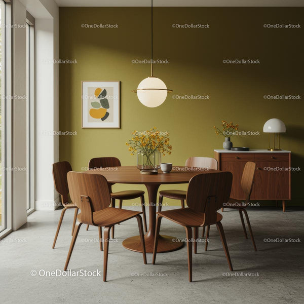 Modern Dining Room with Wooden Furniture and Green Accent Wall