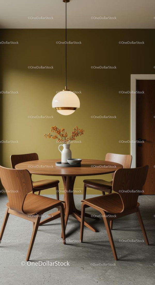 Minimalist Dining Room with Wooden Furniture and Modern Light