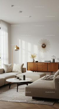 Modern Scandinavian Living Room with Beige Sofa and Wooden Decor