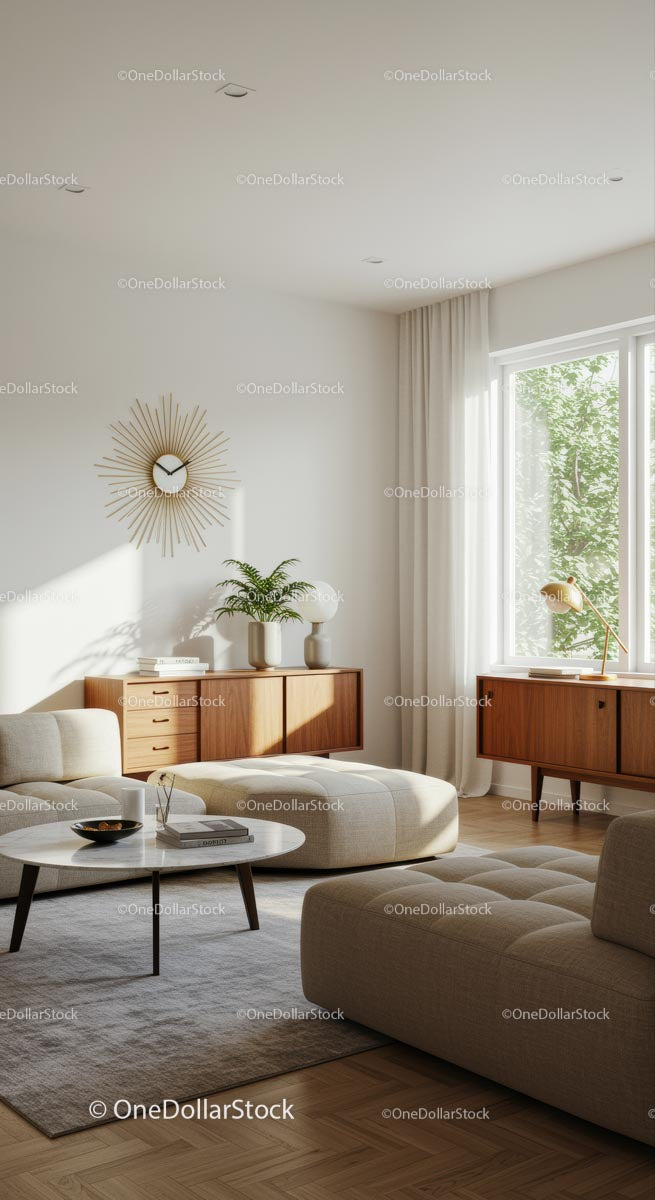 Minimalistyczny salon z elegancją rozświetloną słońcem
