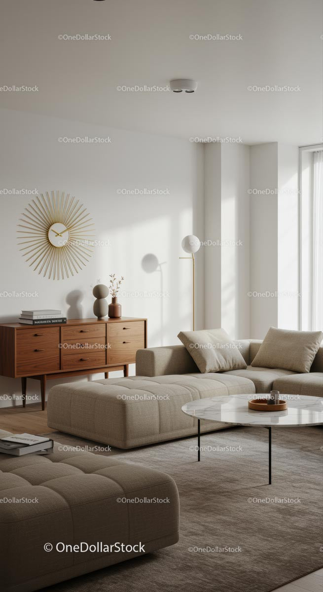 Nowoczesny minimalistyczny salon z beżową sofą i drewnianymi akcentami
