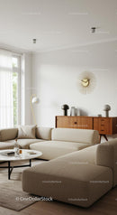 Modern Scandinavian Living Room with Beige Sofa and Wooden Decor