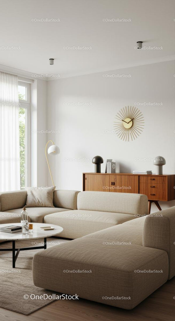 Nowoczesny skandynawski salon z beżową sofą i drewnianą dekoracją