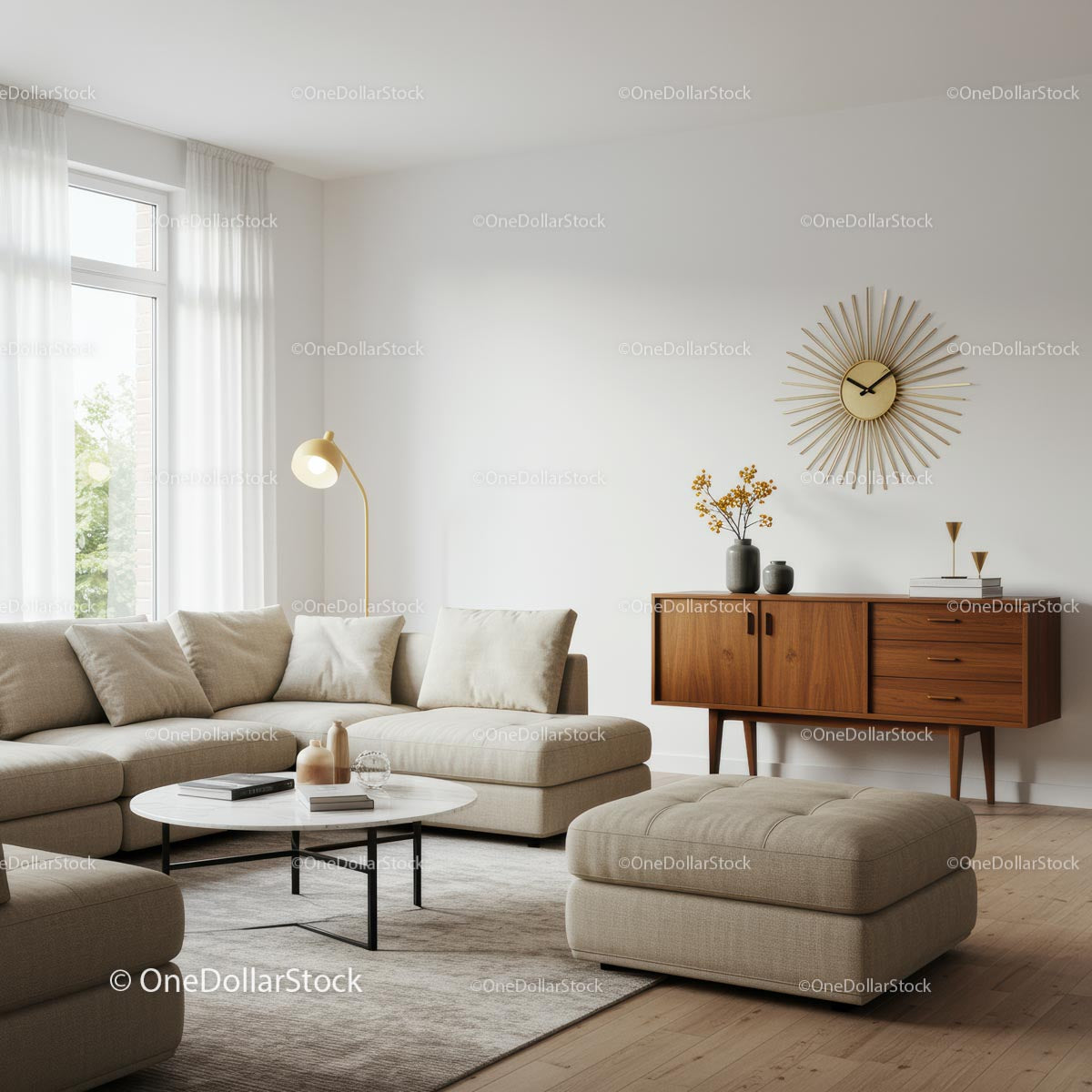 Nowoczesny skandynawski salon z beżową sofą i drewnianym bufetem