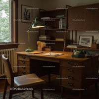 Vintage Mid-Century Home Office with Wooden Desk and Bookshelf