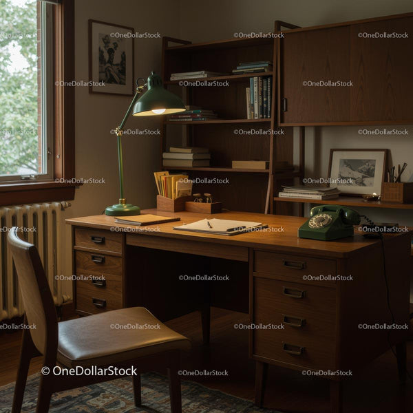 Vintage Mid-Century Home Office with Wooden Desk and Bookshelf