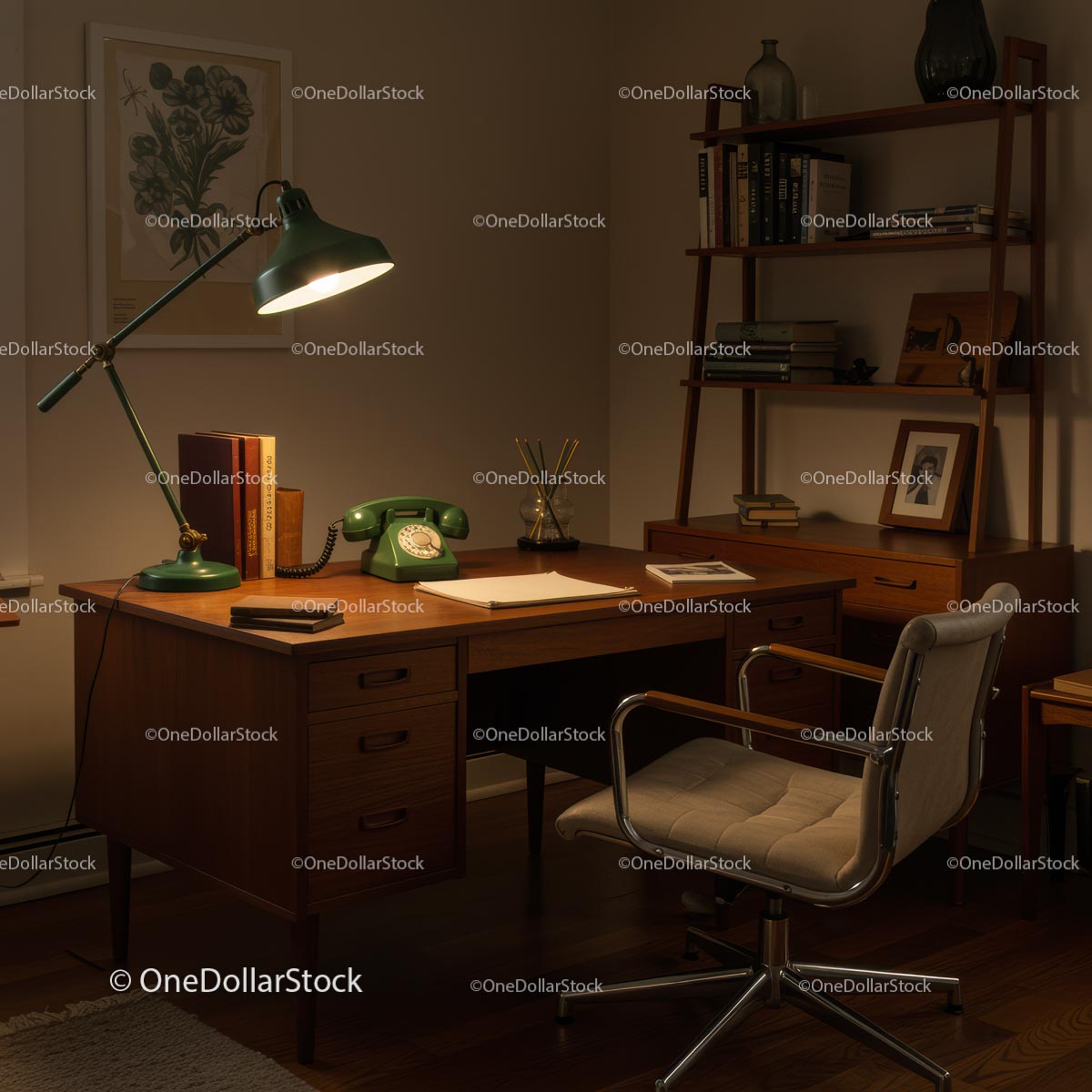 Vintage Home Office with Green Lamp and Rotary Phone