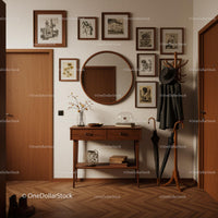 Stylish Hallway with Wooden Furniture and Vintage Art