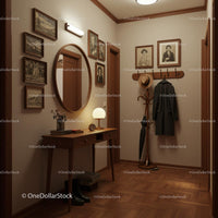 Vintage Hallway with Wooden Furniture and Warm Lighting