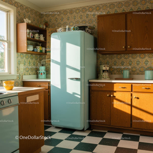 Retro Kitchen with Vintage Pastel Refrigerator and Sunlight