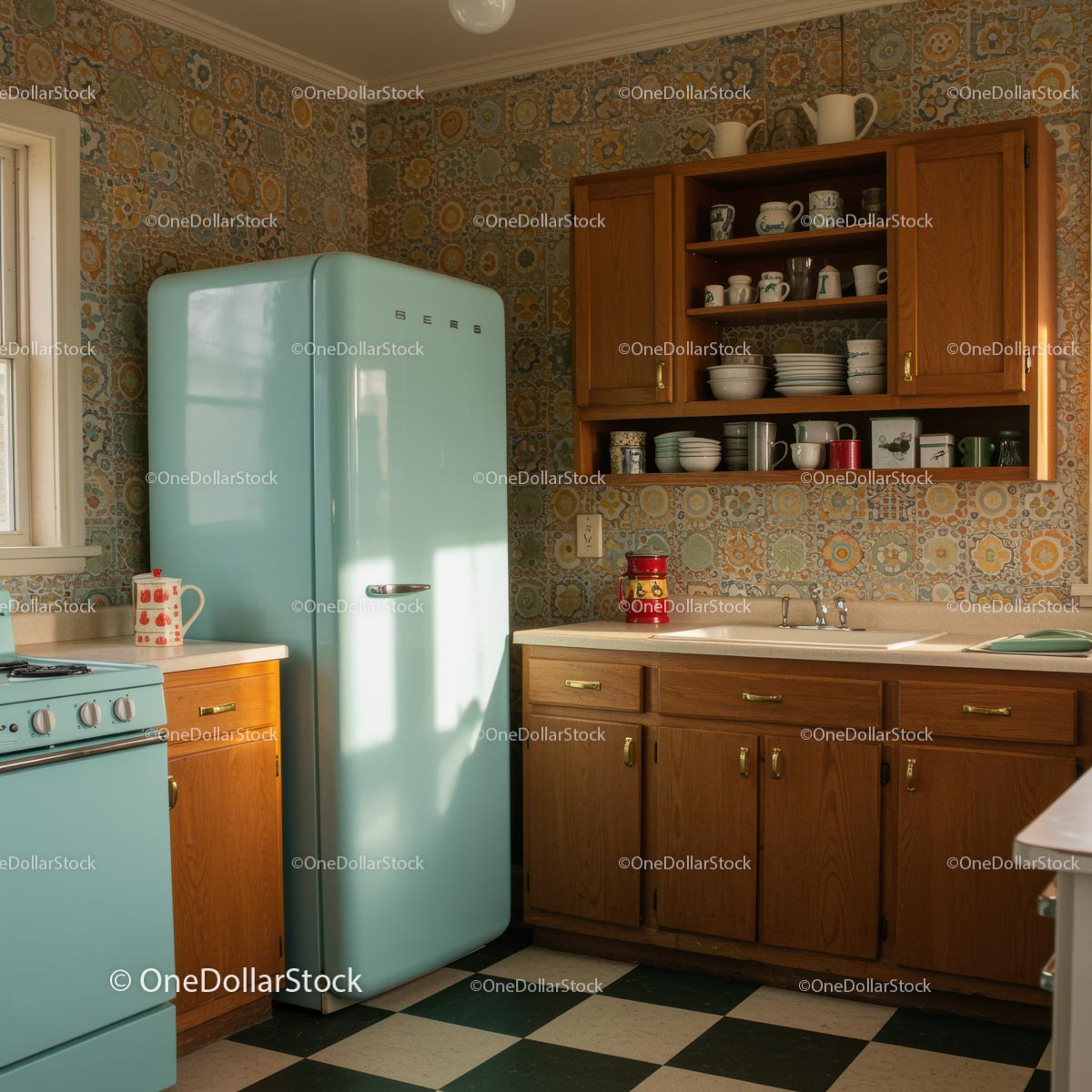 Retro Kitchen with Vintage Pastel Refrigerator and Tiles