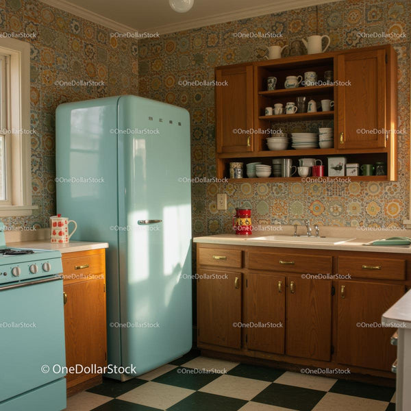 Retro Kitchen with Vintage Pastel Refrigerator and Tiles