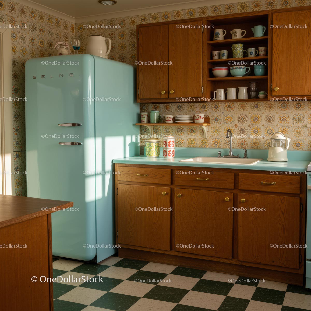 Przytulna kuchnia retro z pastelową lodówką i drewnianymi szafkami