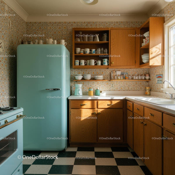 Charming Retro Kitchen with Pastel Fridge and Wooden Cabinets