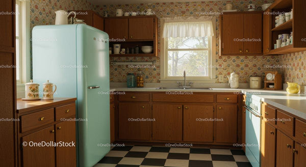 Charming Retro Kitchen with Pastel Fridge and Wooden Cabinets