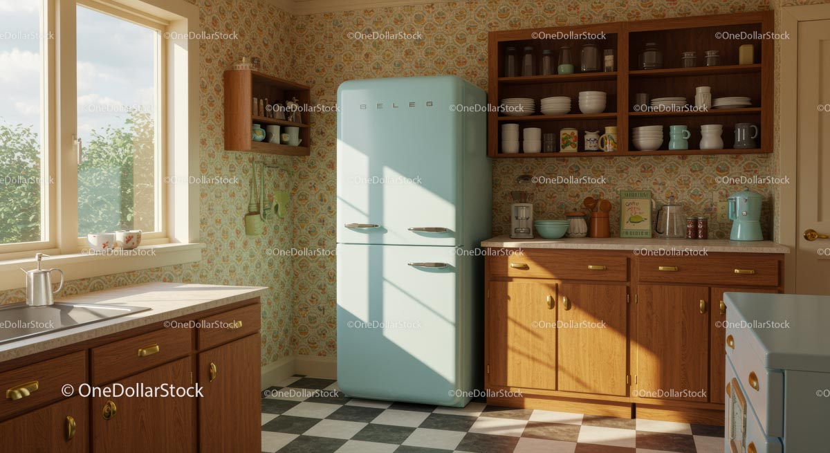 Vintage Kitchen with Pastel Fridge and Wooden Cabinets