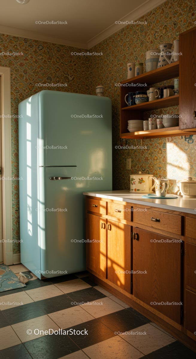 Vintage Kitchen with Retro Fridge and Floral Wallpaper