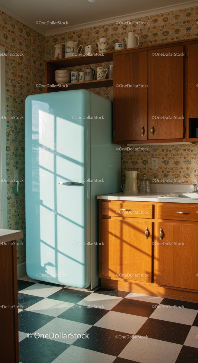 Vintage Kitchen with Retro Blue Refrigerator and Floral Decor