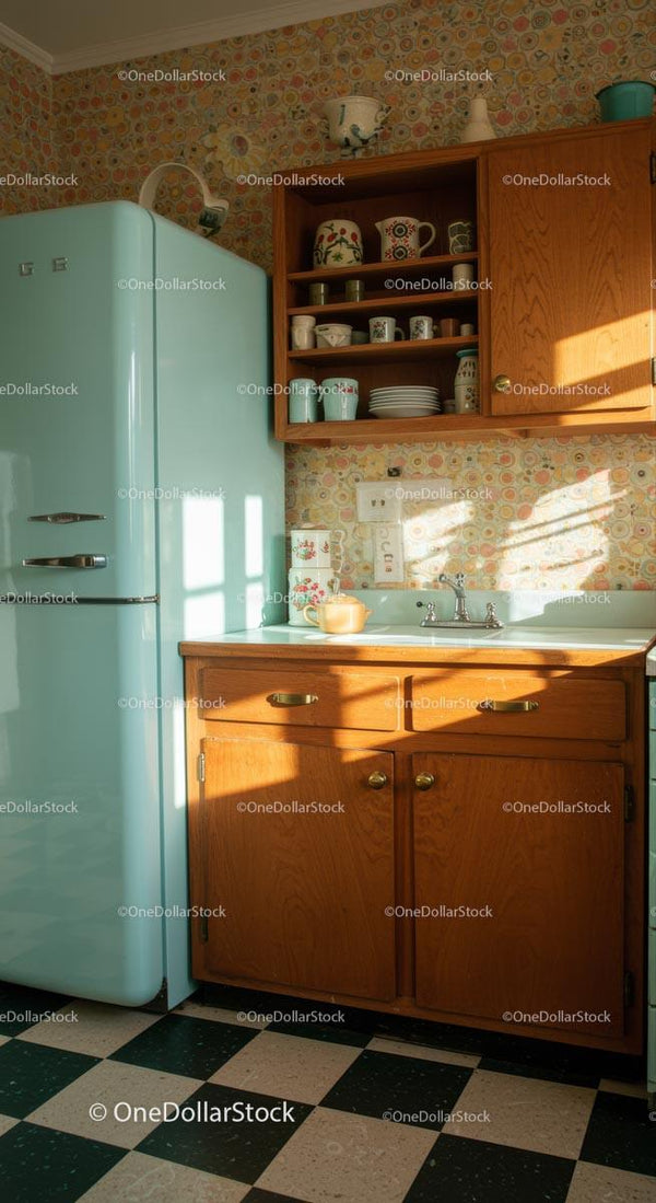 Charming Retro Kitchen with Pastel Fridge and Floral Decor