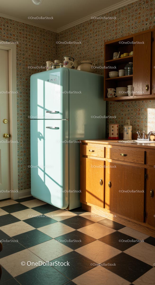 Kuchnia w stylu vintage z pastelową lodówką i szafką oświetloną słońcem