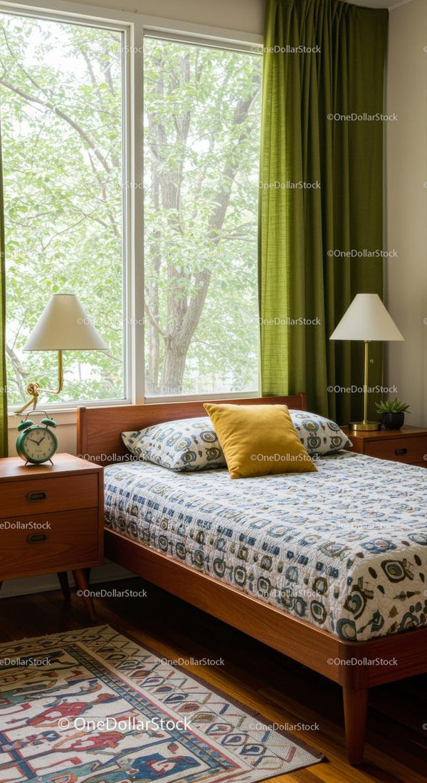 Mid-Century Bedroom with Green Curtains and Natural Light