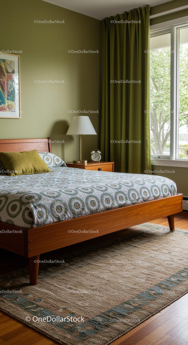 Cozy Mid-Century Bedroom with Wooden Bed and Green Accents