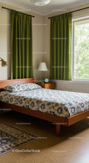 Cozy Bedroom with Green Curtains and Wooden Bed