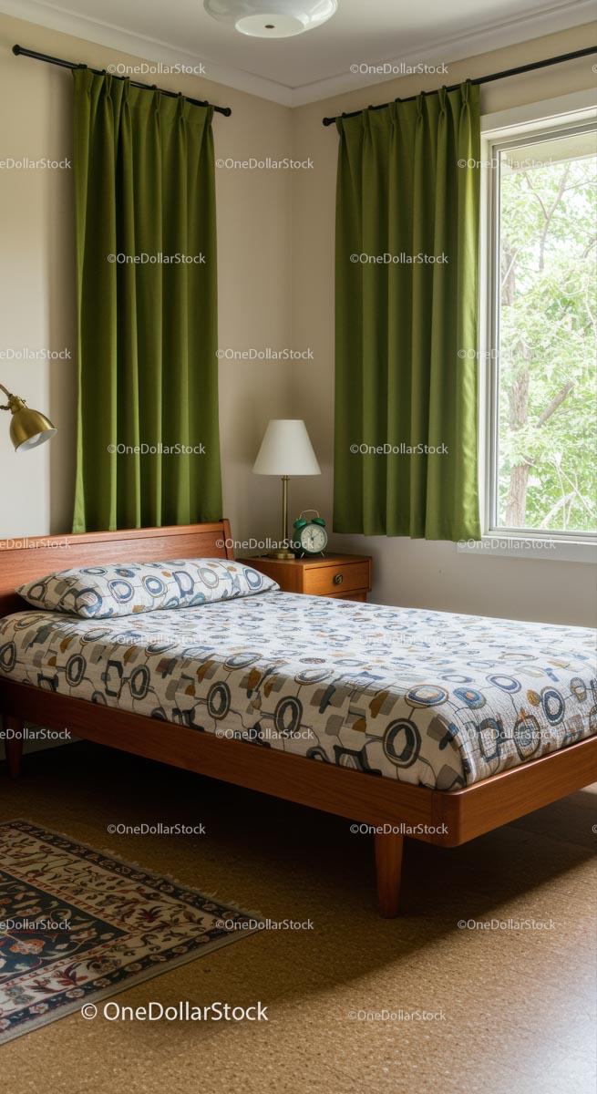 Cozy Bedroom with Green Curtains and Wooden Bed