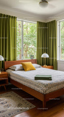 Cozy Modern Bedroom with Green Curtains and Wooden Bed