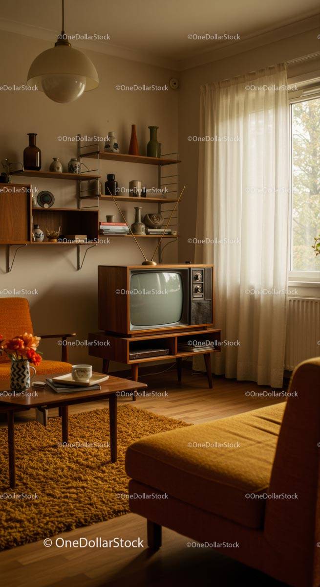 Retro Living Room with Vintage TV and Mid-Century Design