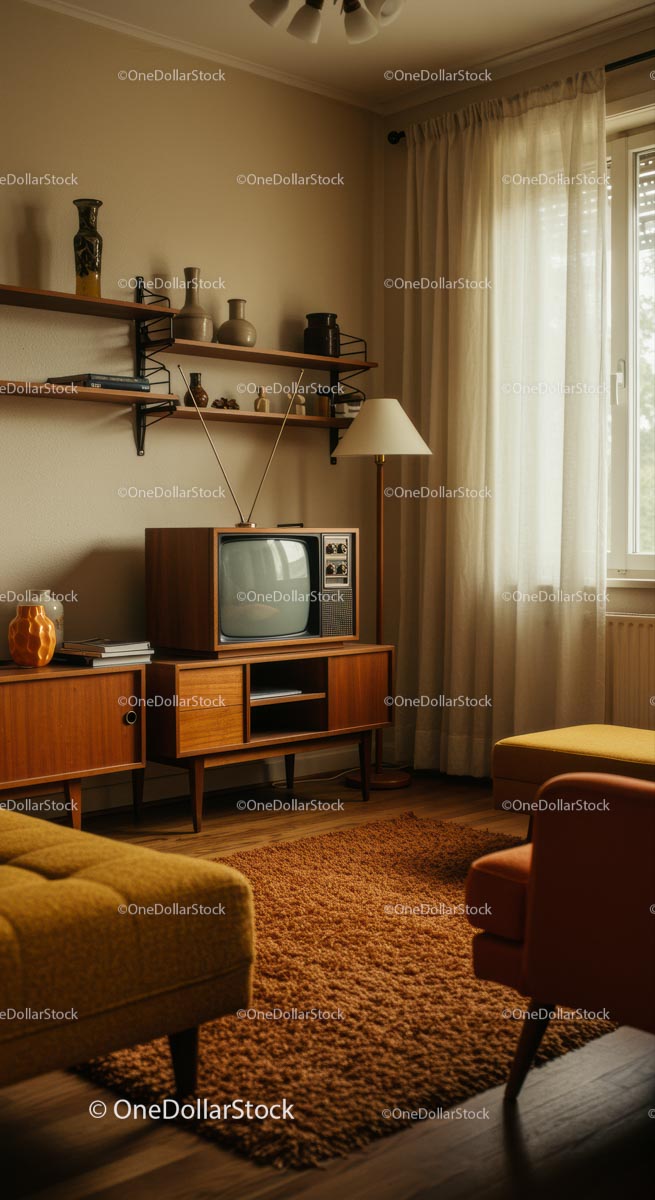 Przytulny salon w stylu retro z zabytkowym telewizorem i drewnianymi meblami