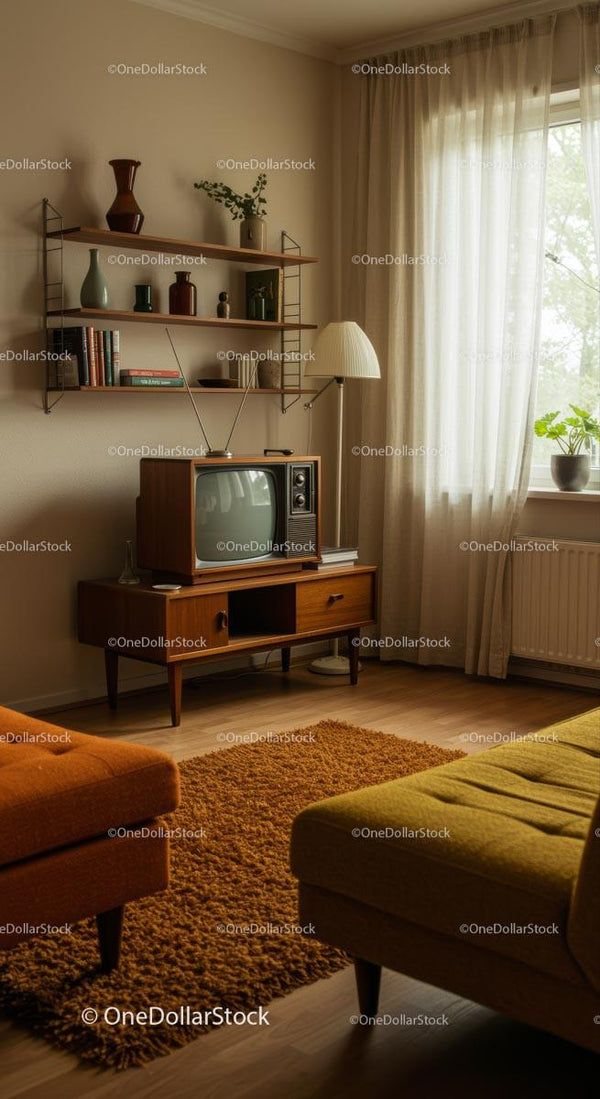 Retro salon z vintage telewizorem i przytulnym wystrojem