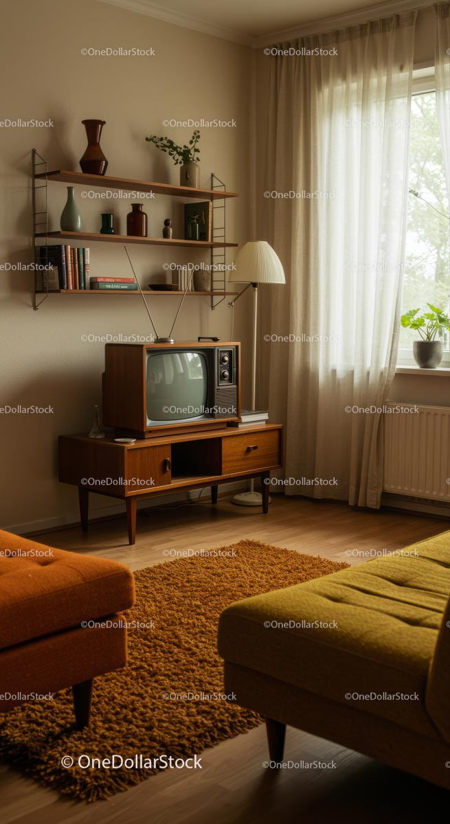 Retro Living Room with Vintage TV and Cozy Decor