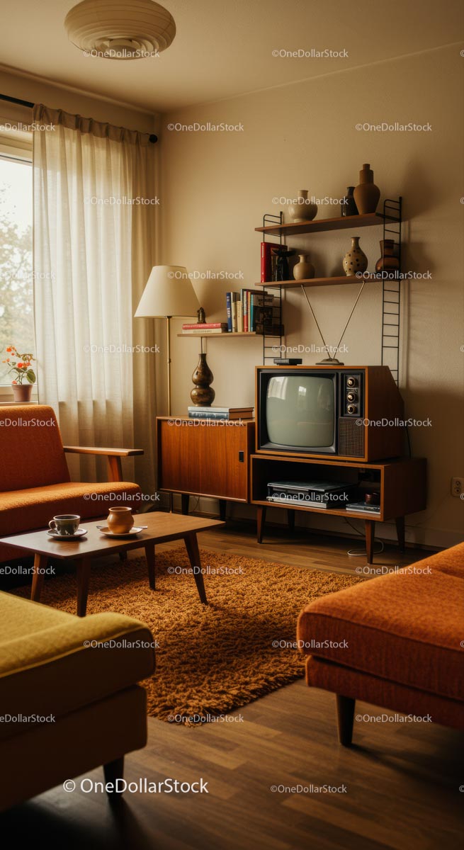 Przytulny salon w stylu vintage z wystrojem retro i klimatami połowy XX wieku
