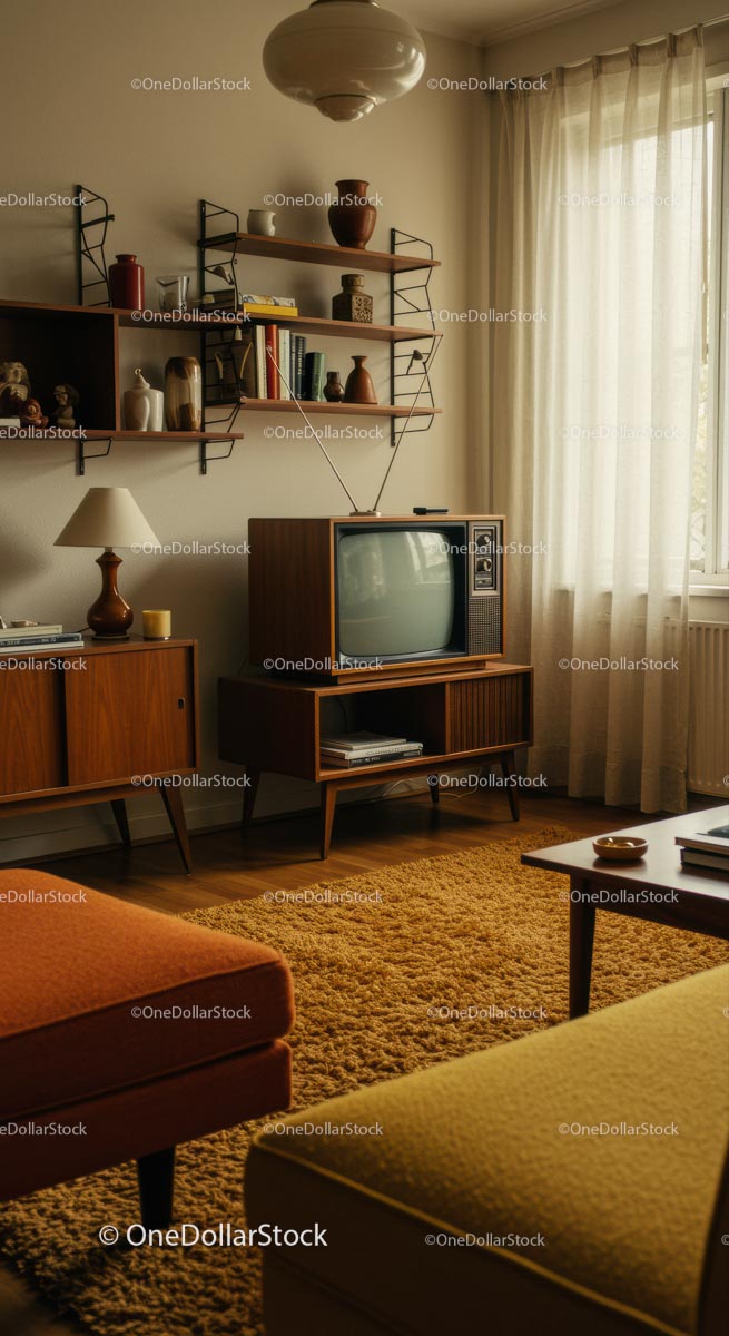 Salon w stylu retro z klasycznym telewizorem i meblami z połowy XX wieku