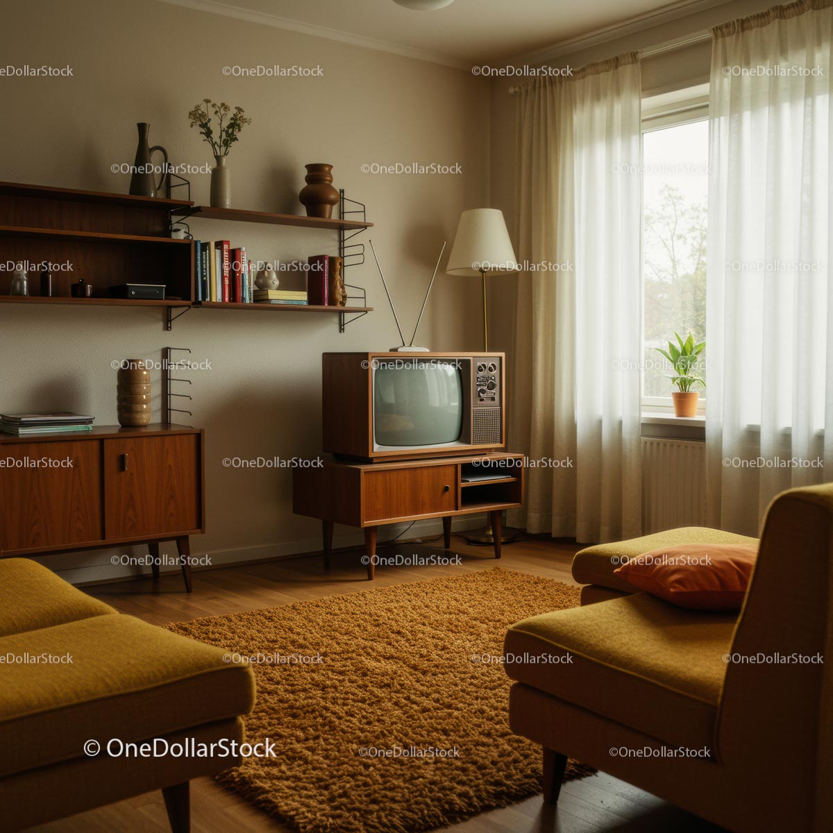 Cozy Retro Living Room with Vintage Decor and Sunlight