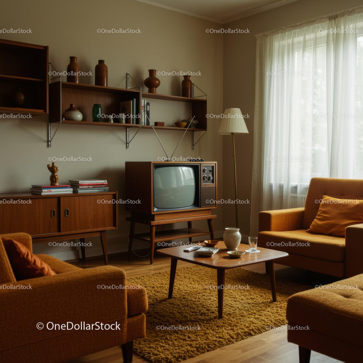 Salon w stylu retro z zabytkowym telewizorem i wystrojem z połowy XX wieku