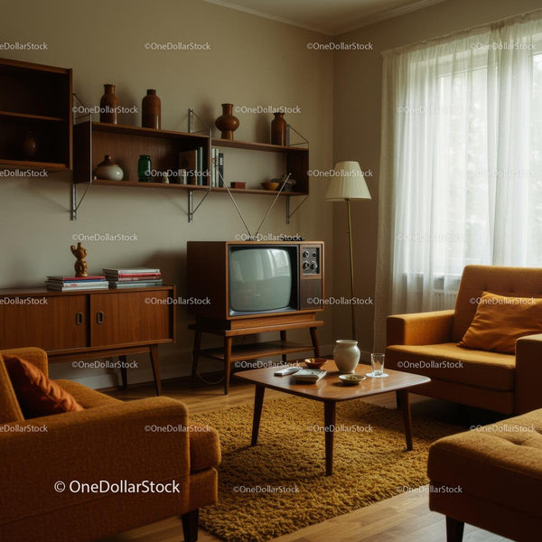 Retro Living Room with Vintage TV and Mid-Century Decor