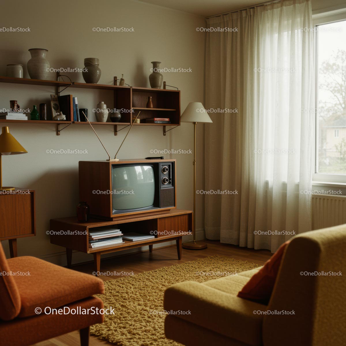 Cozy Retro Living Room with Vintage TV and Mid-Century Decor