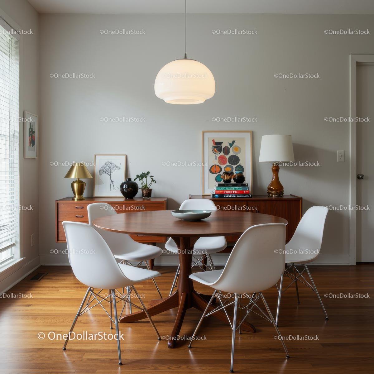 Jadalnia w stylu Mid-Century Modern z eleganckim wystrojem