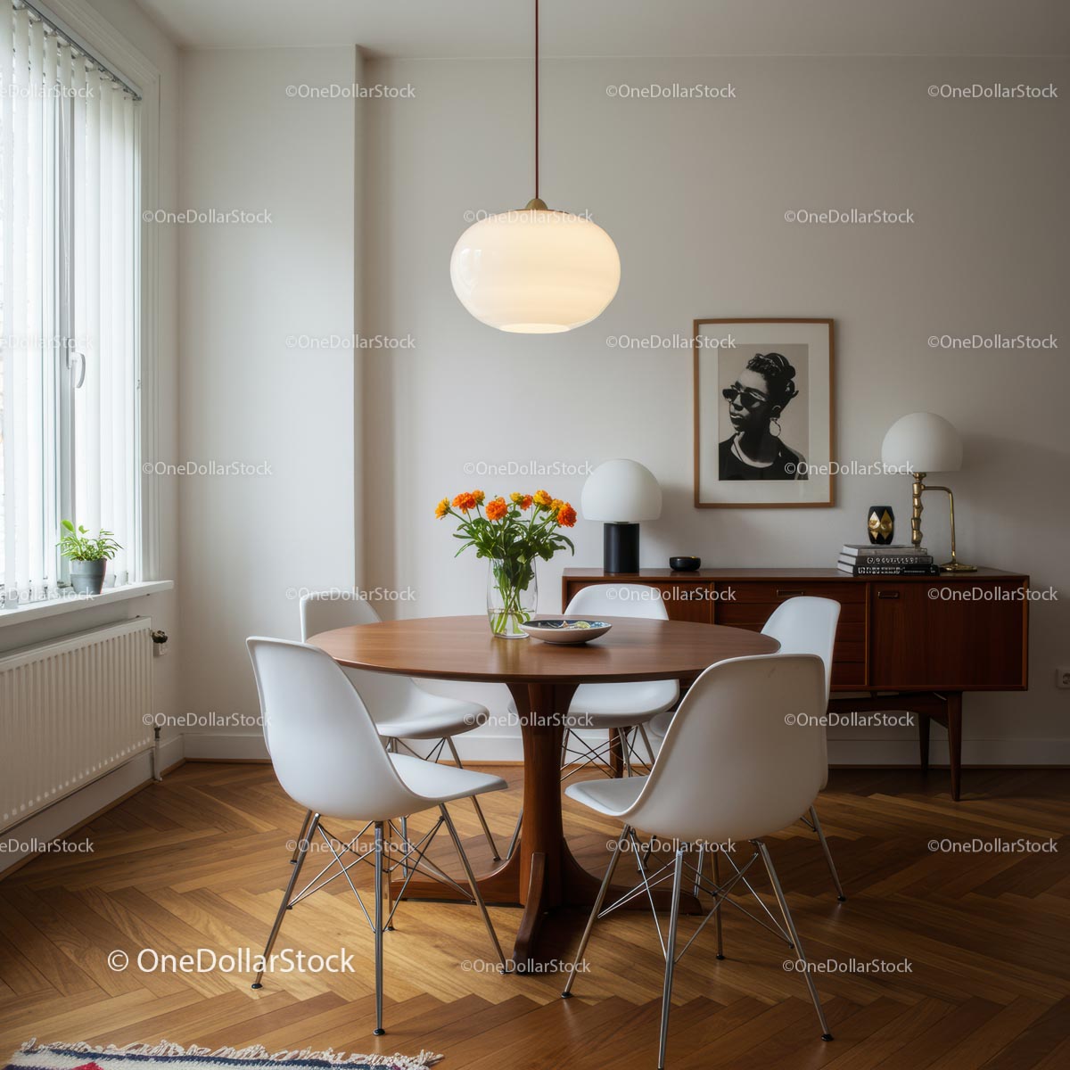 Jadalnia w stylu Mid-Century Modern z pomarańczowymi kwiatami